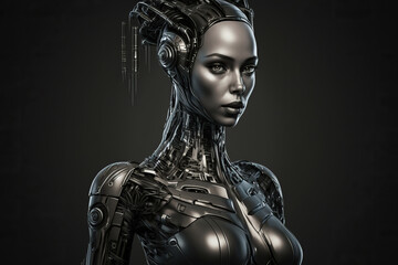 Robot woman on black background
