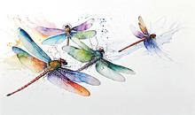  A Group Of Dragonflies Flying Through The Air With Watercolor Paint On It's Wings, And The Wings Are Multicolored.  Generative Ai
