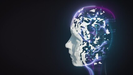Wall Mural - profile view female humanoid person with digital data wires, network and structures in mind on black