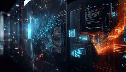AI as a revolutionary tool visualized out of data and code that streams into the system representation of a Waves of Information Technology background in abstract 3D - Generative AI