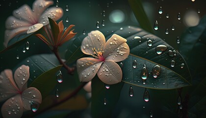  a flower with water droplets on it sitting on a green leafy branch with leaves and drops of water on the petals of the flower.  generative ai