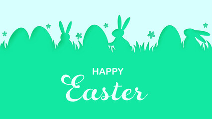 Wall Mural - Easter greeting card with bunnies and eggs. Minimal paper cut design with text. Vector illustration