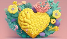  A Heart - Shaped Arrangement Of Corals And Seaweed On A Pink Background With A Pink Background And A Pink Background With A Pink Background.  Generative Ai