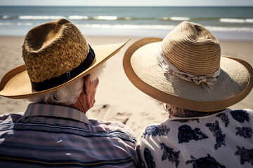 Elderly couple tourists looks at beautiful azure sea in summer, back view. Ai generated