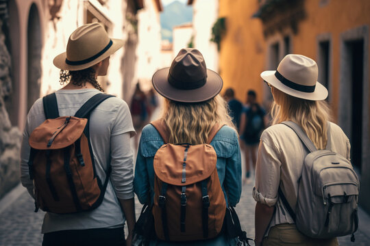 students walk around old city in europe. tourist trip on vacation. ai generated. travel concept