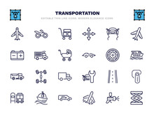 Set Of Transportation Thin Line Icons. Transportation Outline Icons Such As Airplane Pointing Up, Cart With Boxes, Stability, Prison Bus, Alloy Wheel, Chassis, Road With Broken Lines, Sailing,