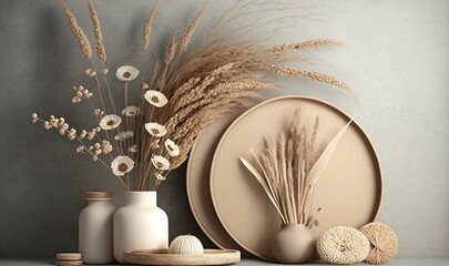  a table topped with plates and vases filled with flowers and grass next to a wall with a gray wall behind it and a vase with dried flowers.  generative ai