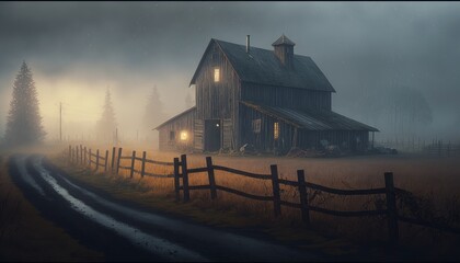 An old abandoned barn in the foggy rain of the countryside of the Pacific Northwest. Generative AI.