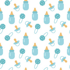 Seamless pattern with bottle, nipple and rattle on white background. It s a boy.