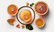  A Glass Of Orange Juice Surrounded By Sliced Oranges And Leaves On A White Background With A White Background And A Gold Rim Around It.  Generative Ai