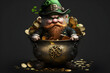 The St. Patrick's day leprechaun with black cauldron, golden coins and shamrocks on dark background. Ai generated.