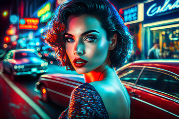 Wall Mural - Cinematic night portrait of girl and neon lights. Neural network AI generated art