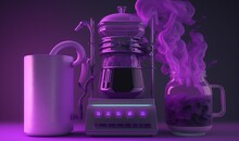  A Blender And A Cup Of Liquid On A Purple Background With Smoke Coming Out Of The Top Of The Blender And A Mug.  Generative Ai