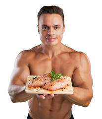 Sticker - A young man muscular holds meat, diet healthy concept