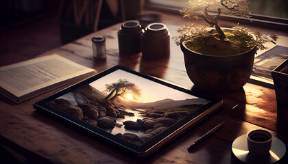 digital tablet technology with nature landscape scene ,generative AI