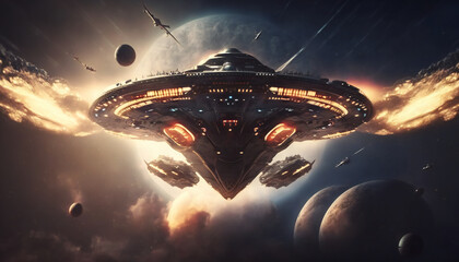 Wall Mural - spaceship in outer space - space wallpaper - generative ai