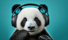  A Panda Bear With Headphones On Its Head And A Blue Background With A Black And White Panda Bear With Headphones On Its Head.  Generative Ai