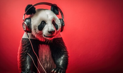 Wall Mural -  a panda bear wearing headphones and listening to music on a red background with a red wall in the backround of the photo.  generative ai