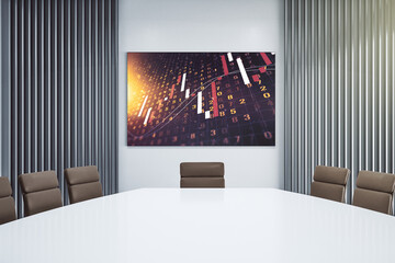 Abstract financial diagram on presentation monitor in a modern boardroom, banking and accounting concept. 3D Rendering