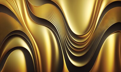  an abstract gold background with wavy lines and curves in the center of the image, with a black background and a gold background with a white border.  generative ai