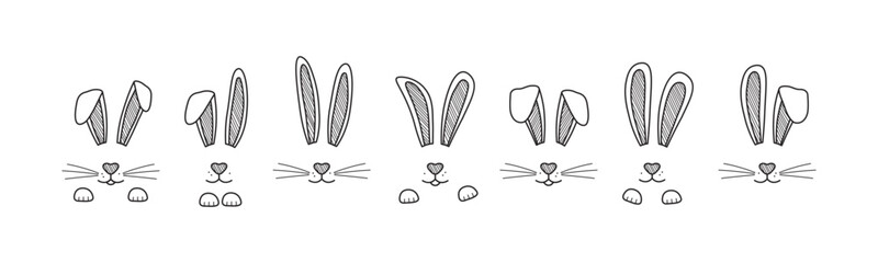 easter bunny face, rabbit ear with paw, whisker. doodle hare, black cute line character vector icon 