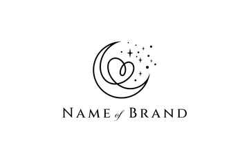 Wall Mural - crescent logo design combined with heart shape and sparkling star in linear style.