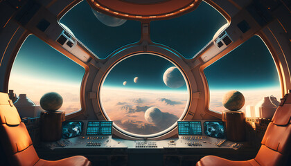 Wall Mural - Spaceship interior with a view into space - Space wallpaper - Generative AI