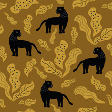 Abstract Illustration Of Panther, Animal Seamless Pattern, Fashion Print, Color Black White, Spring Summer, Design Fabric Texture, Tropical Vector