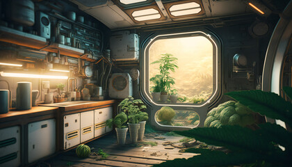 Wall Mural - space station with a view into space - space wallpaper - generative ai
