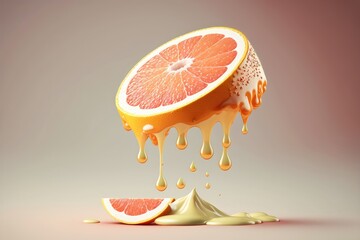 Wall Mural - Falling Grapefruit slice and drip up drops of juice isolated. AI generated