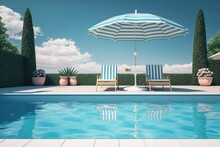 Relaxing Tropical Swimming Pool And Beach Chairs In Blue Tones. AI Generation