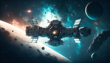 Wall Mural - Space station in Outer space - Space wallpaper - Generative AI