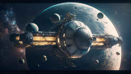 Wall Mural - space station in outer space - space wallpaper - generative ai