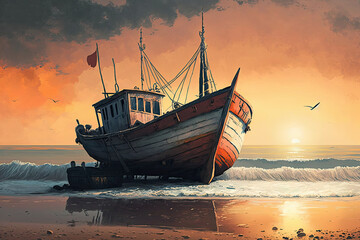 illustration of an old vintage fishing boat on the beach with a beautiful sunset. Generative AI