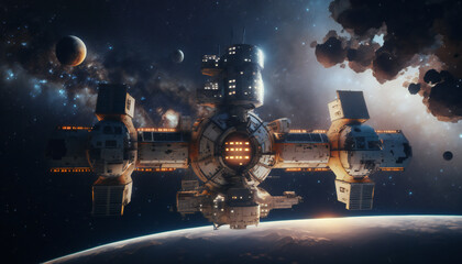 Wall Mural - Space station in Outer space - Space wallpaper - Generative AI