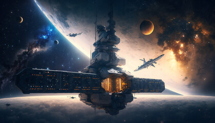 Wall Mural - Space station in Outer space - Space wallpaper - Generative AI