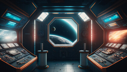 Wall Mural - Space station with a view into space - Space wallpaper - Generative AI