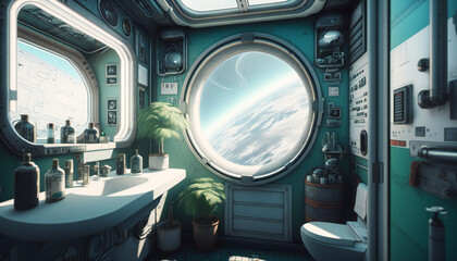 Wall Mural - bathroom in Space station with a view into space - Space wallpaper - Generative AI