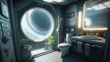 Wall Mural - bathroom in space station with a view into space - space wallpaper - generative ai