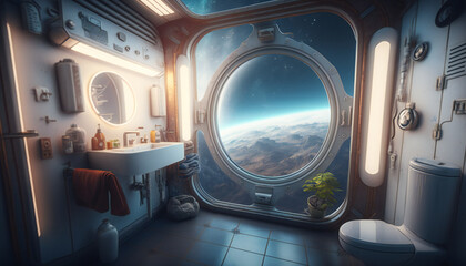 Wall Mural - bathroom in Space station with a view into space - Space wallpaper - Generative AI