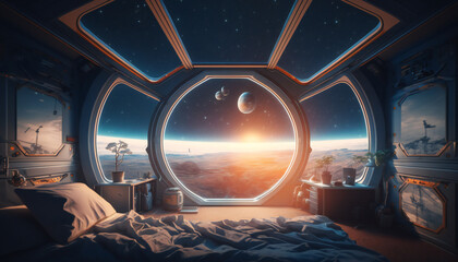 Wall Mural - bedroom in space station with a view into space - space wallpaper - generative ai