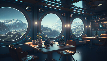 Wall Mural - Canteen in Space station with a view into space - Space wallpaper - Generative AI