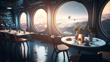 Wall Mural - Canteen in Space station with a view into space - Space wallpaper - Generative AI