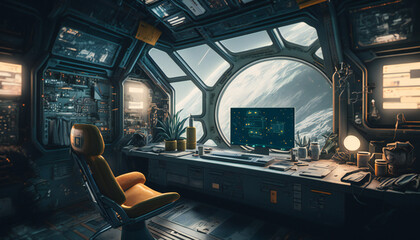 Wall Mural - Office in Space station with a view into space - Space wallpaper - Generative AI