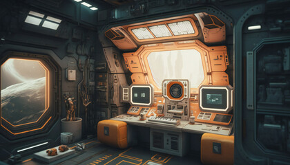 Wall Mural - Office in Space station with a view into space - Space wallpaper - Generative AI