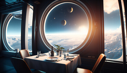 Wall Mural - Dining room in Space station with a view into space - Space wallpaper - Generative AI