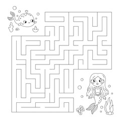 Coloring page with labyrinth. Maze game. Help the whale find the way to mermaid. Fairy tale. Educational puzzle for kids. Underwater theme. Coloring book. Vector illustration.