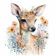 Watercolor roe deer animal face and floral painting. Realistic wild animal illustration. Created with Generative AI technology.