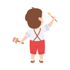 Sticker - Cute Little Boy Standing with Paint Brush Drawing on Wall Back View Vector Illustration