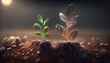 © Volodymyr Skurtul - Seedlings growing from the ground, Germinating seeds of various, Growing plants and agriculture concept. Generative AI